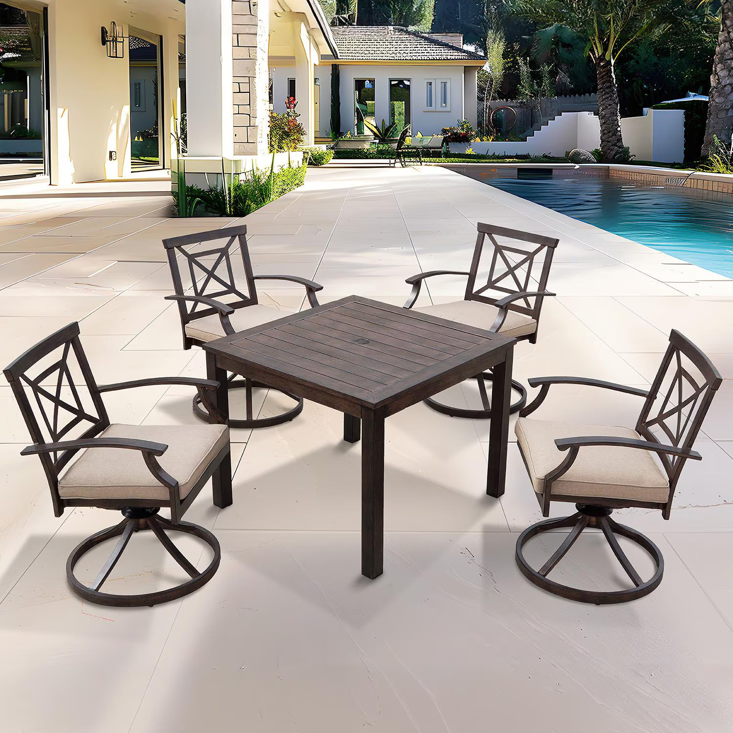 Atlantis 5 Pc Aluminum Dining Set 37 Inch Table & Swivel Rockers in