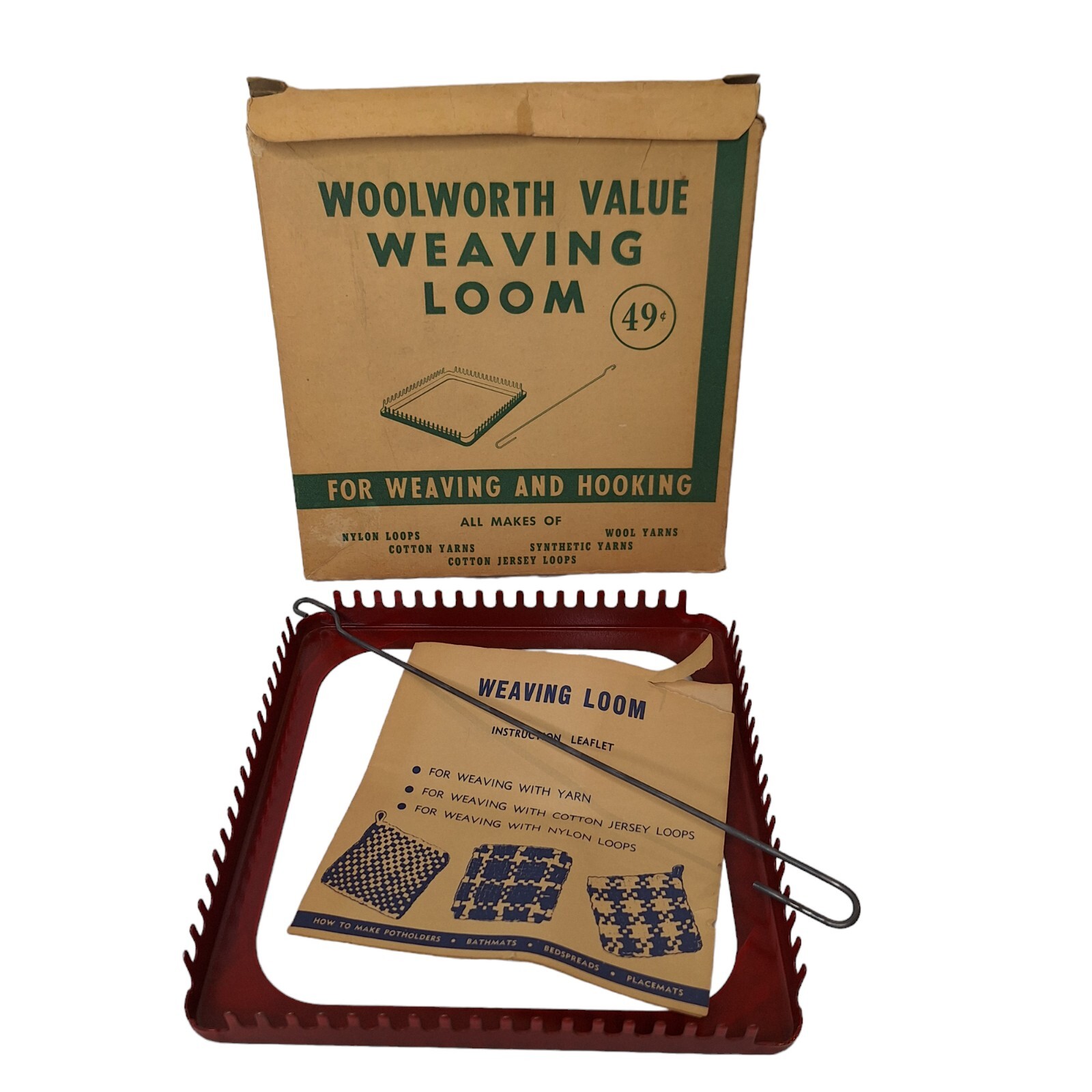 WEAVING LOOM 1940's 1950s Woolworth Value 7" Metal w/ Hook Instructions Box Vtg