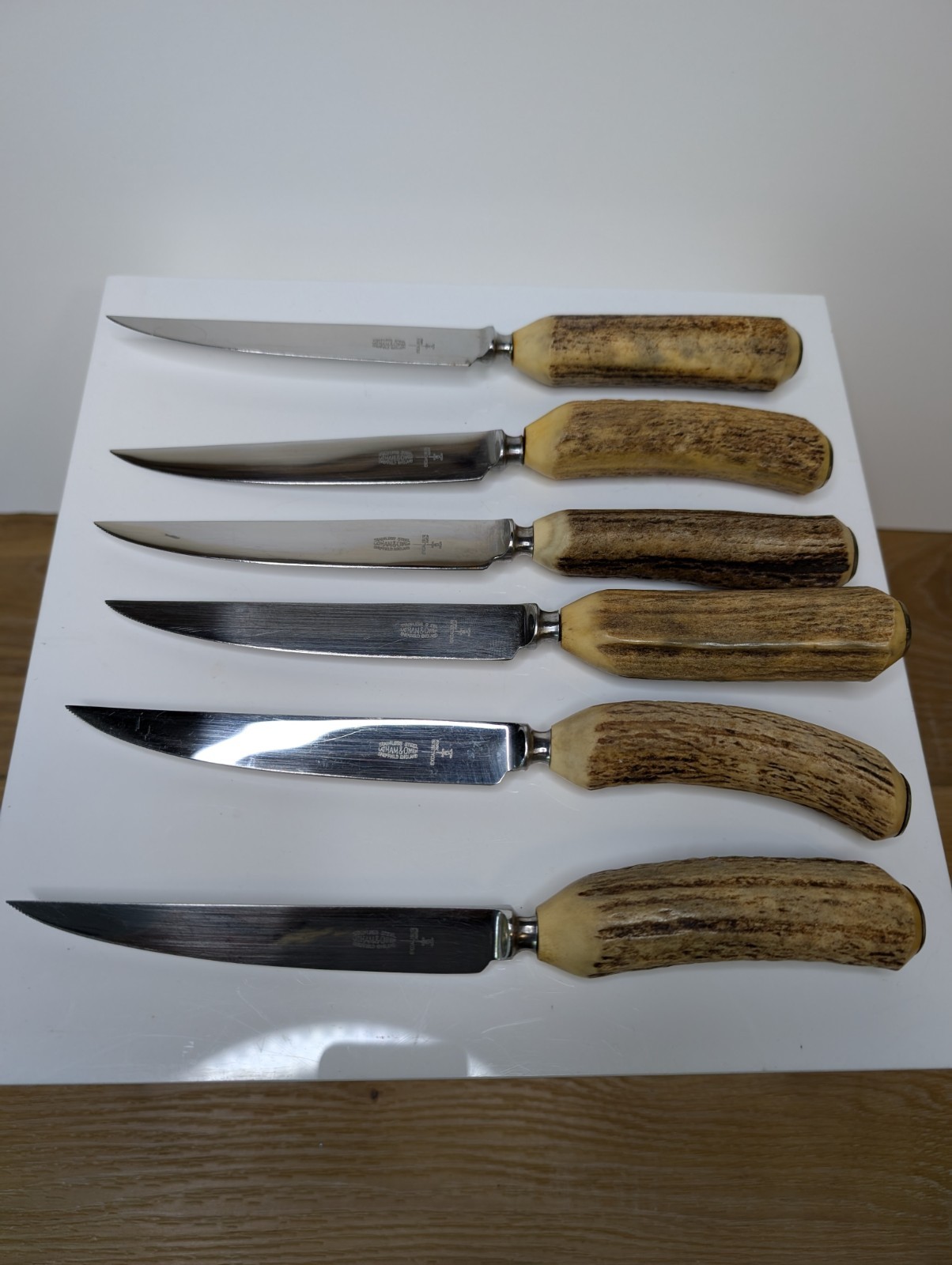 Vintage Latham & Owen Excaliber Stainless Steel Antler Handle Knives Set Of 6
