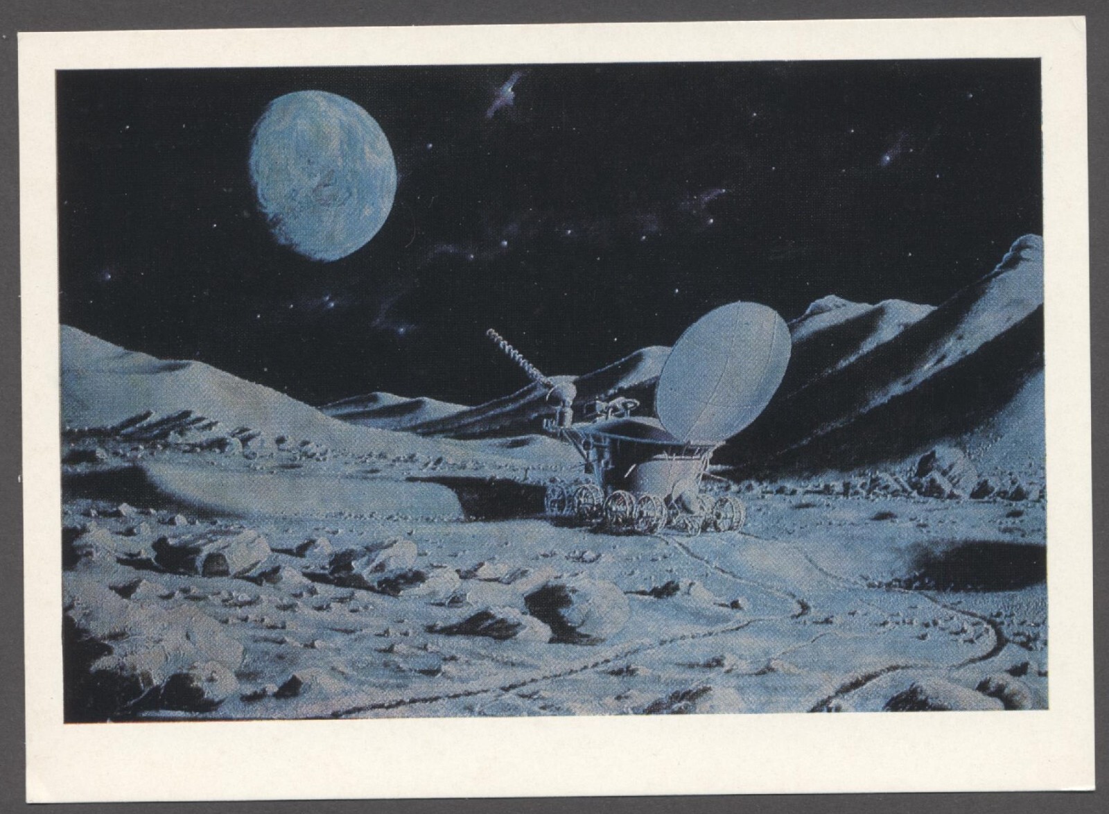 1977 Soviet Space Rocket & Lunokhod - 2 on Moon Sokolov art vintage postcard