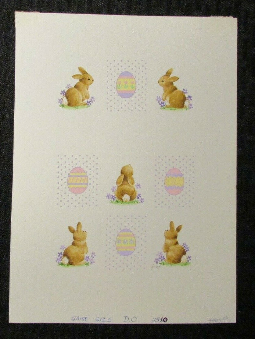 EASTER 5 Bunny Rabbits w/ Painted Eggs 7x9.5" Greeting Card Art #2510