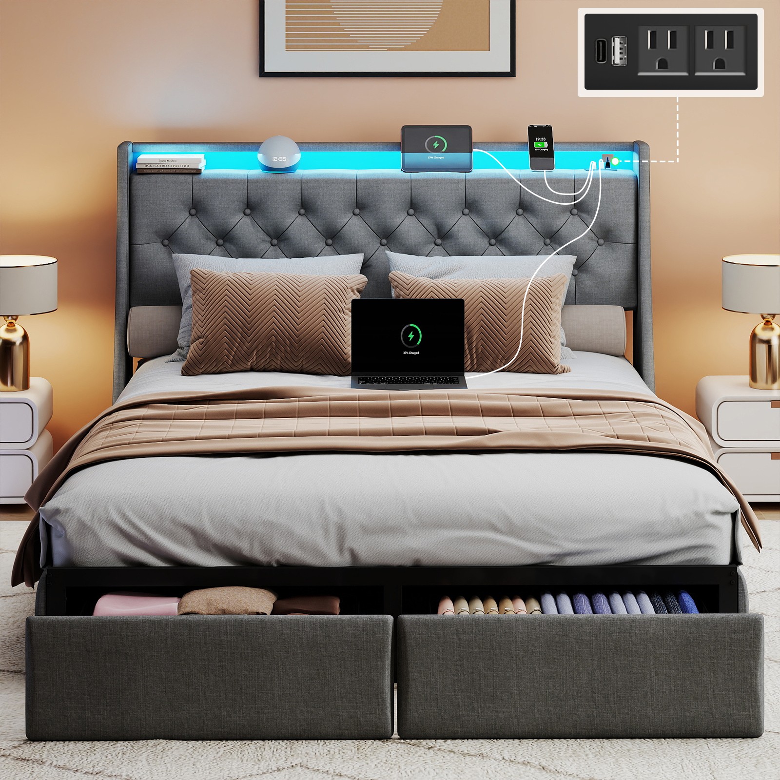 Full Queen LED Bed Frame with Charging Station&Upholstered Storage Headboard HL