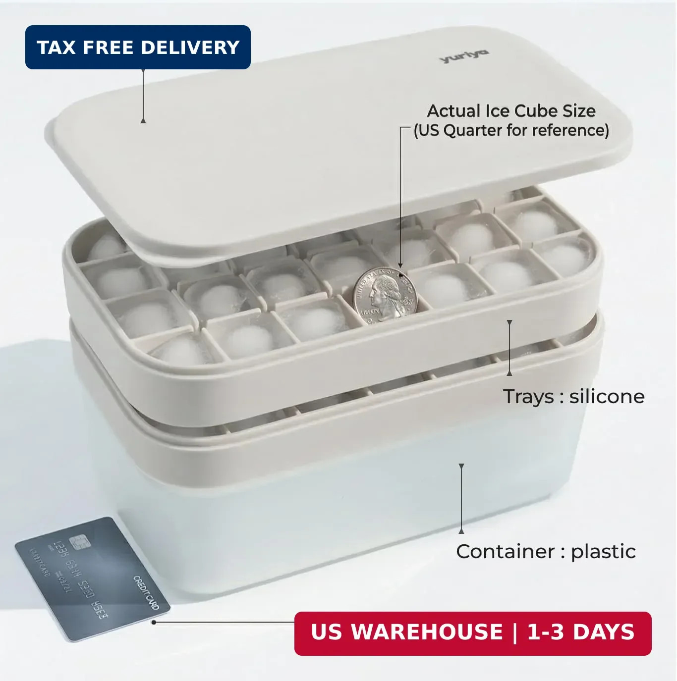 Ice Cube Tray Set with Lid & Bin, 2 Silicone Trays (32-Cube Each, 64 Total), Eas