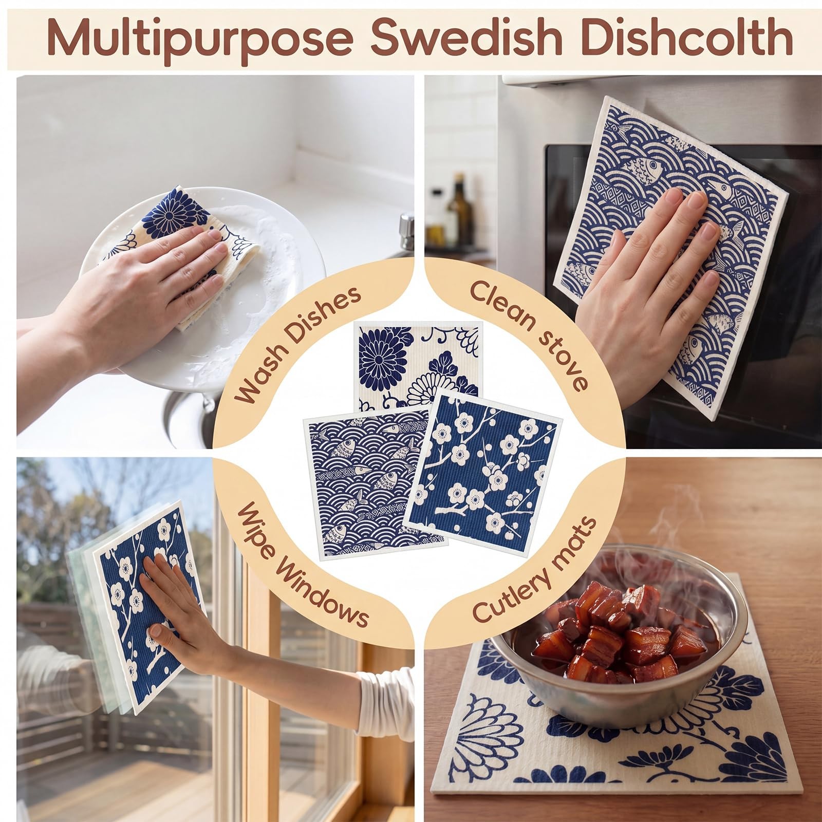 12 Pack Sweden Dishcloths 6 Patterns Super Absorbent Reusable Fast-Drying Was.