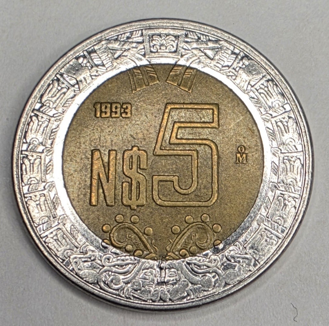 1993 Mexico 5 Five Nuevo Pesos - Circulated Mexican Bi-Metallic World Coin - L2