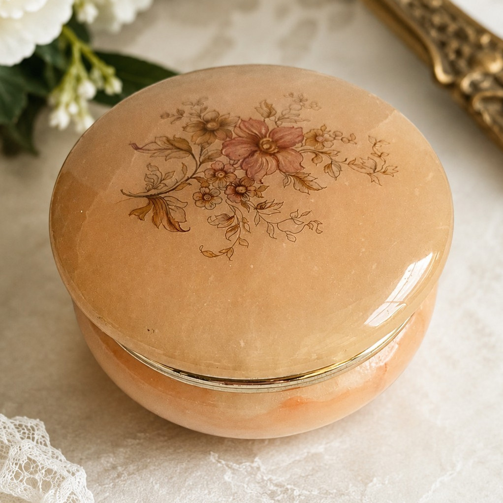 George Good Alabaster Round Trinket Box Floral Hand Painted Hinged Lid Glossy