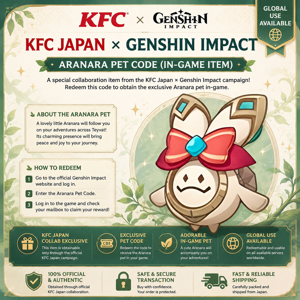Genshin Impact KFC Japan Aranara Pet Redeem Code Global Server Fast Delivery