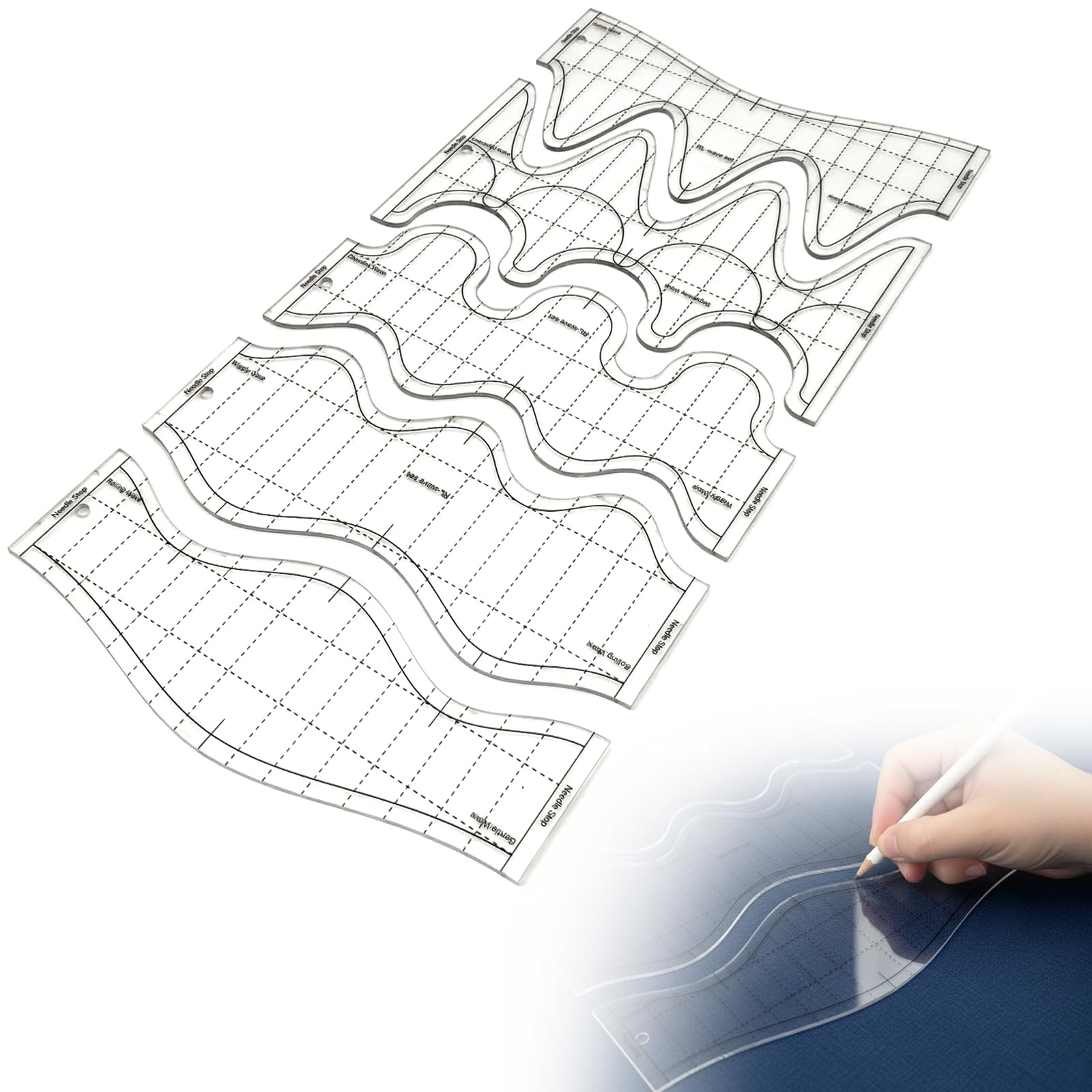 5 Pcs Wave Quilting Ruler Set Acrylic Templates 6 Wavelengths Free Motion