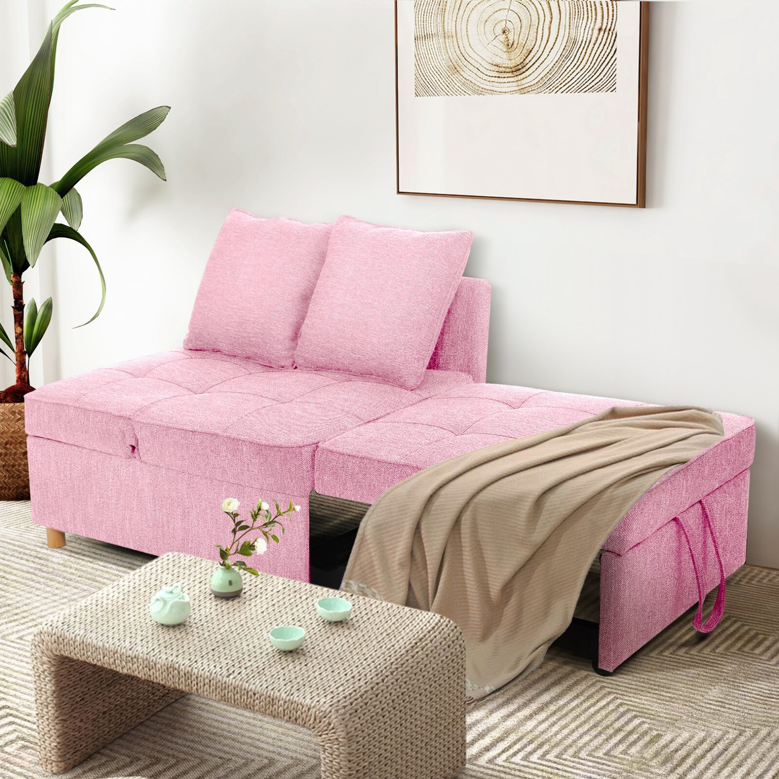 Folding Ottoman Sofa Bed Chair 4-in-1 Sleeper Sofa Adjustable Backrest+2 Pillows