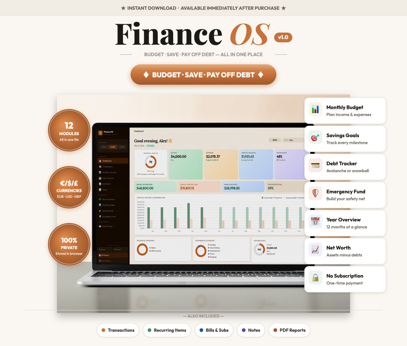 Personal Finance OS | All-in-One Budget & Money Management Tool | Savings + Debt