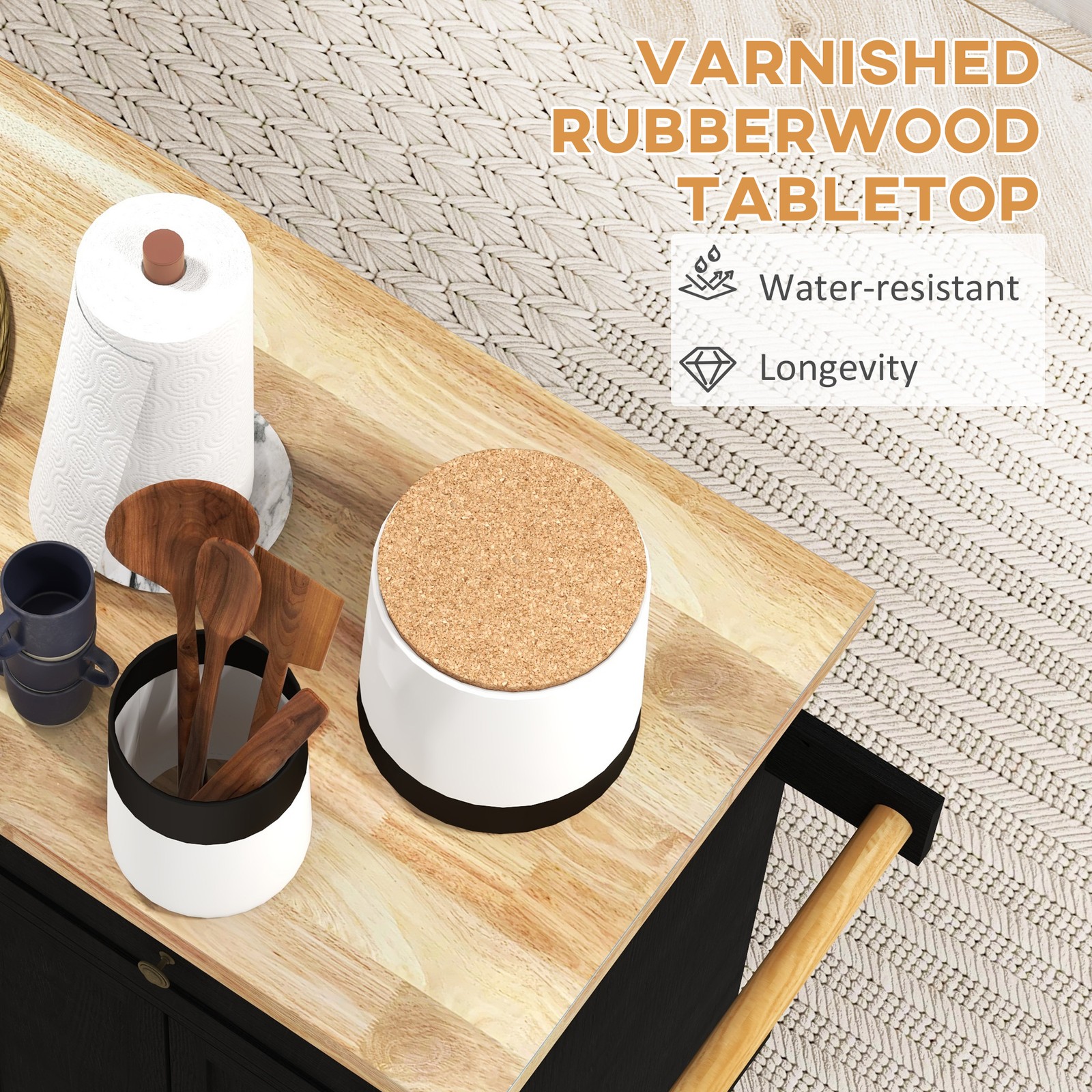 Modern Rolling Kitchen Island Cart with Spice Rack, Distressed Black
