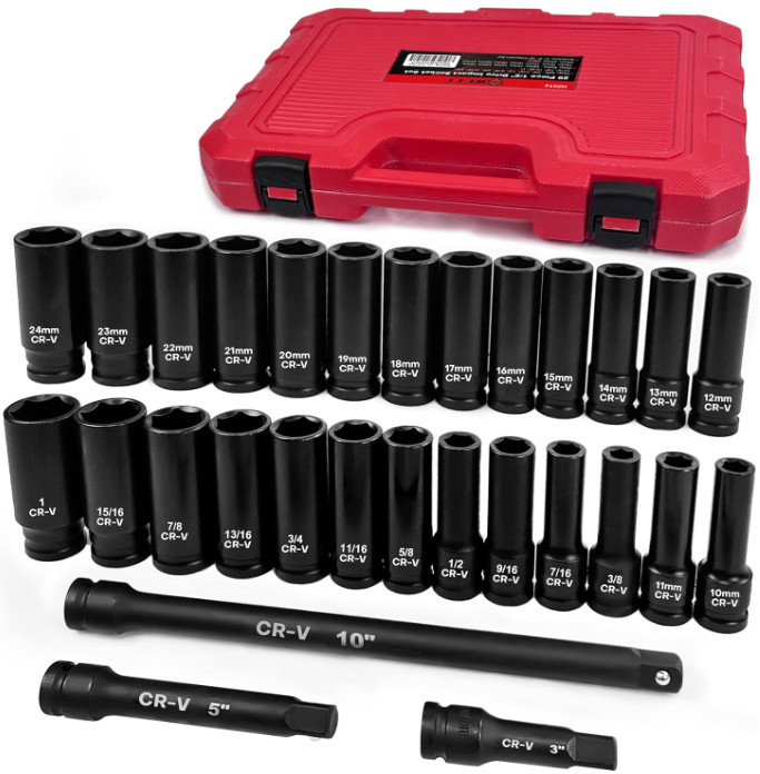 1/2" Drive Impact Socket Set, 29 Piece Deep Socket with Extension Bar,Cr-V Steel