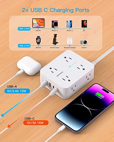 Surge Protector Power Strip, Extension Cord with Multiple 5Ft Thin Plug