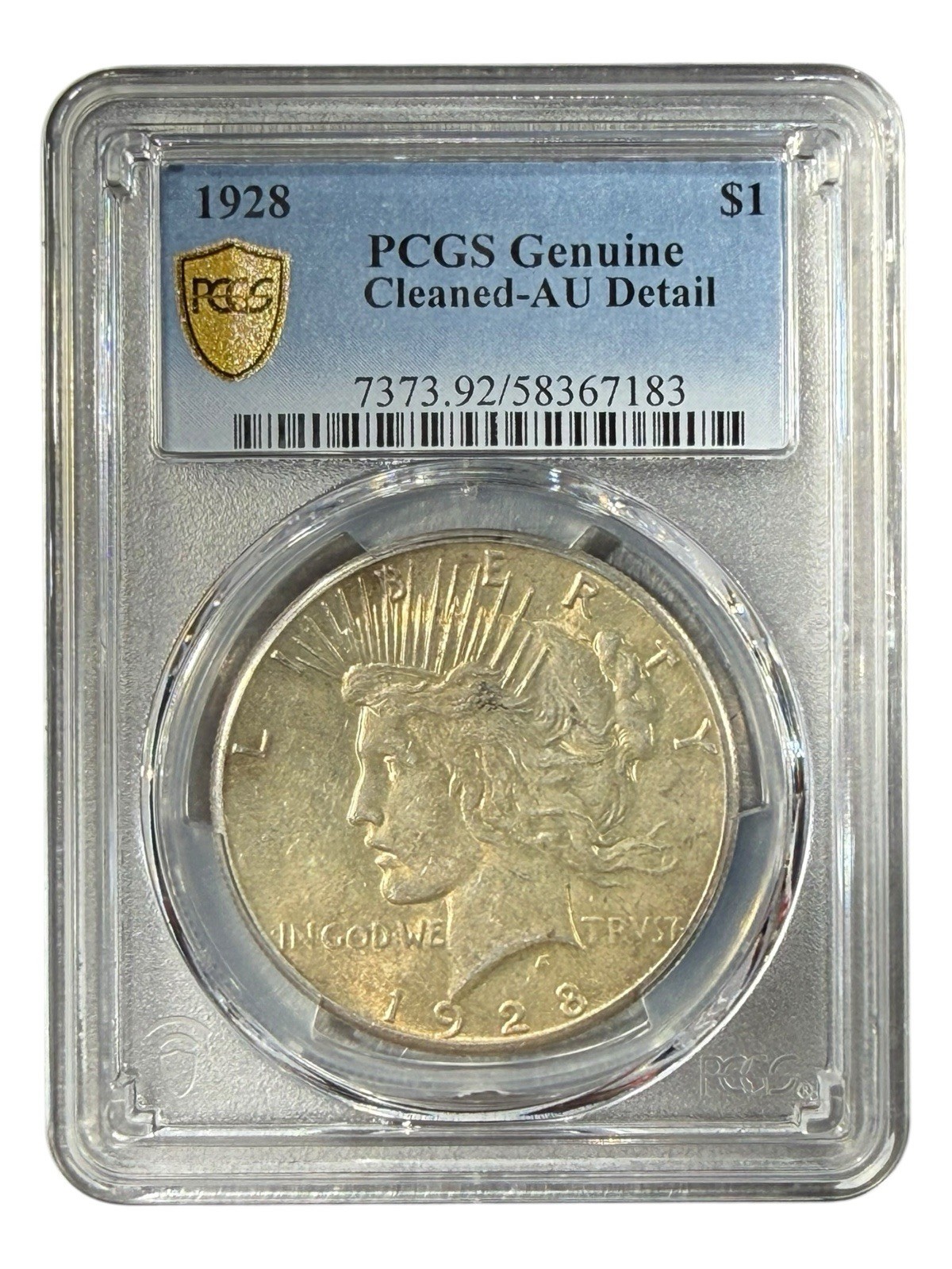 1928 PEACE SILVER DOLLAR PCGS AU DETAILS CLEANED Gold Shield Label