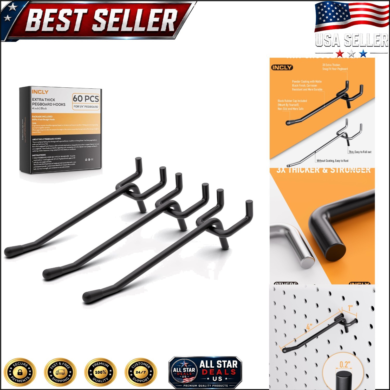 Heavy Duty 1/4 Inch Pegboard Hooks - 60 Pack Adjustable Tool Storage Solution