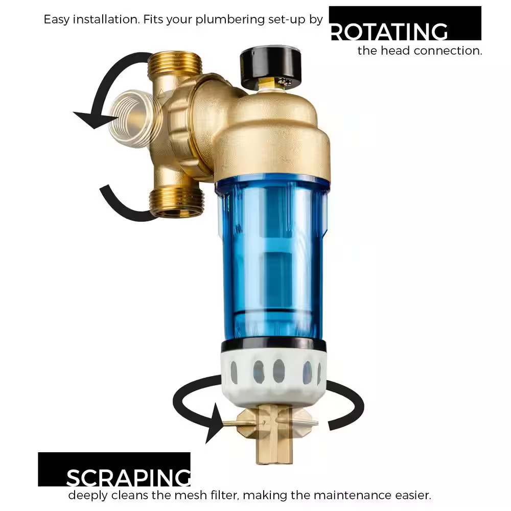 Reusable Spin down Sediment Water Filter 100 Micron with Scraper and 360 Head