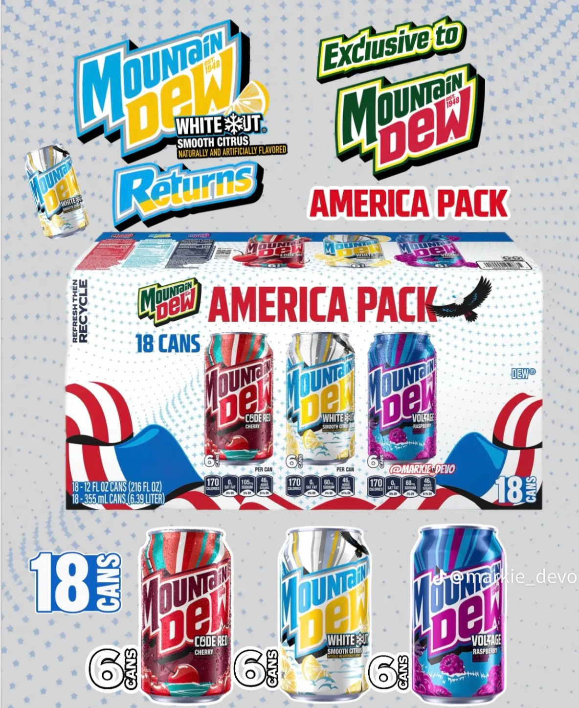 🇺🇸HERE🇺🇸 Mountain Dew America Pack 12oz Cans w/ WHITEOUT 2026