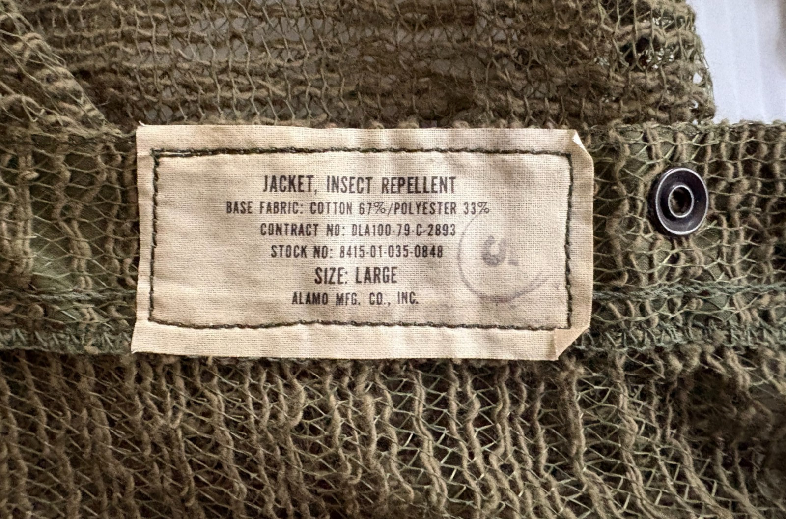 NEW UNISSUED US ARMY INSECT REPELLENT NET MESH JACKET (LARGE)