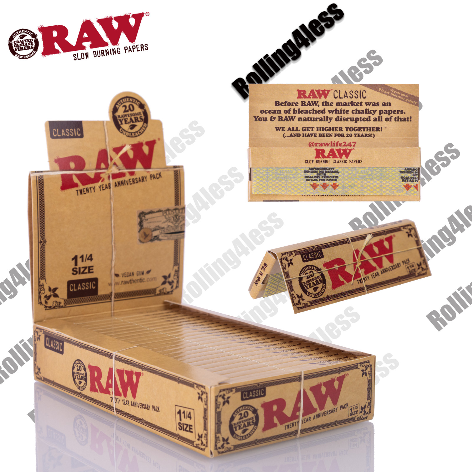 AUTHENTIC Raw Classic 1 1/4  Unrefined Rolling Papers 24 Packs-20 YEARS EDITION