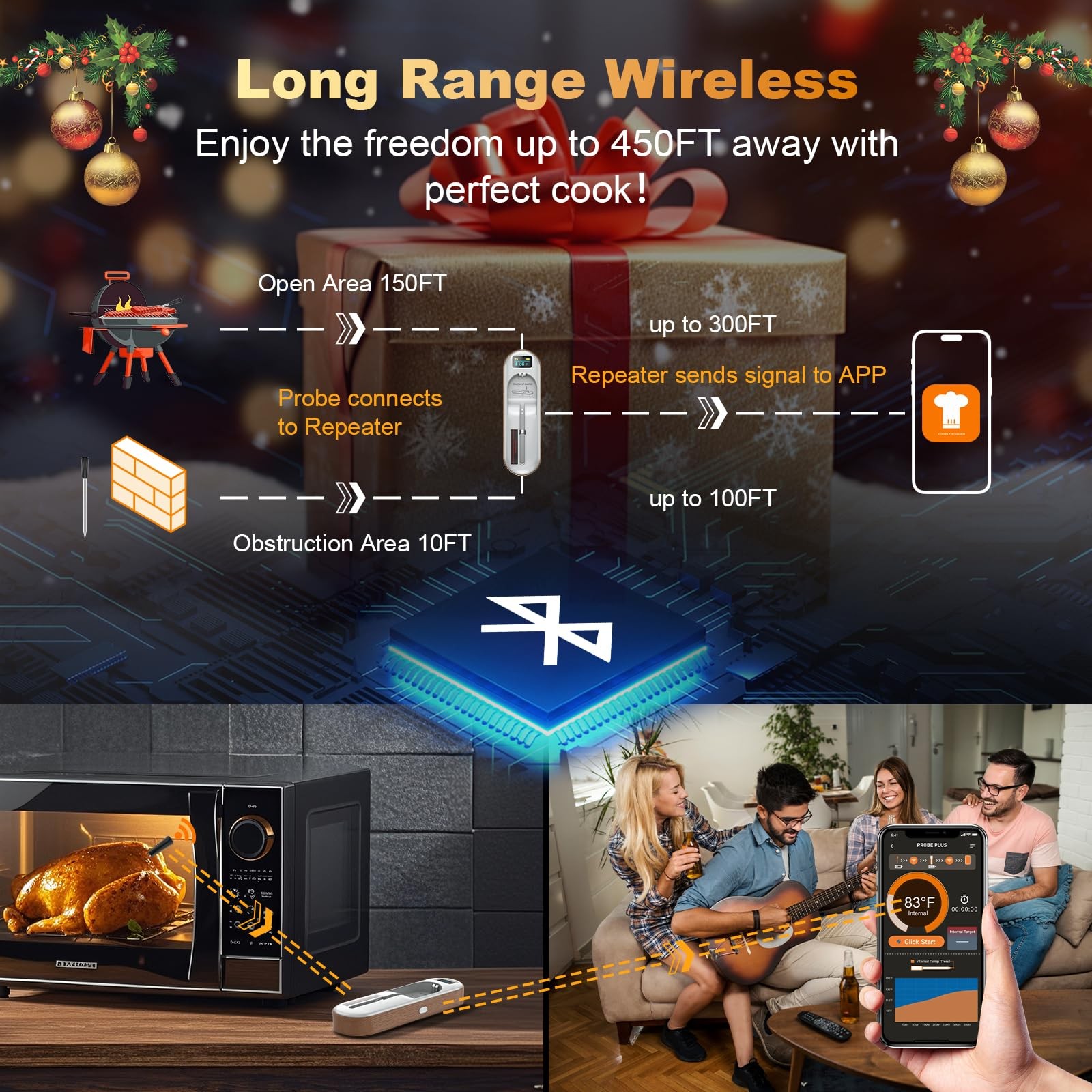 Wireless Meat Thermometer Digital, Instant Read, Long Bluetooth Range, Alarm,...
