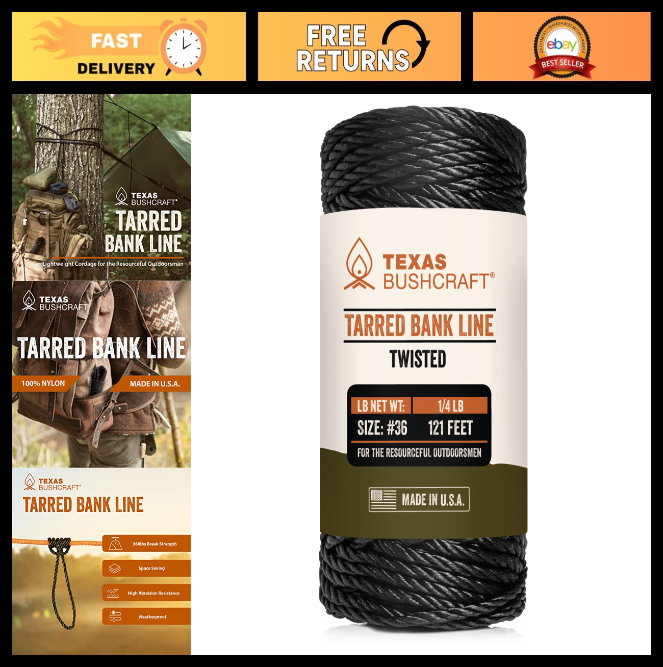 Heavy-Duty Tarred Bank Line Twine #36 - Black Nylon String for Fishing, Camping