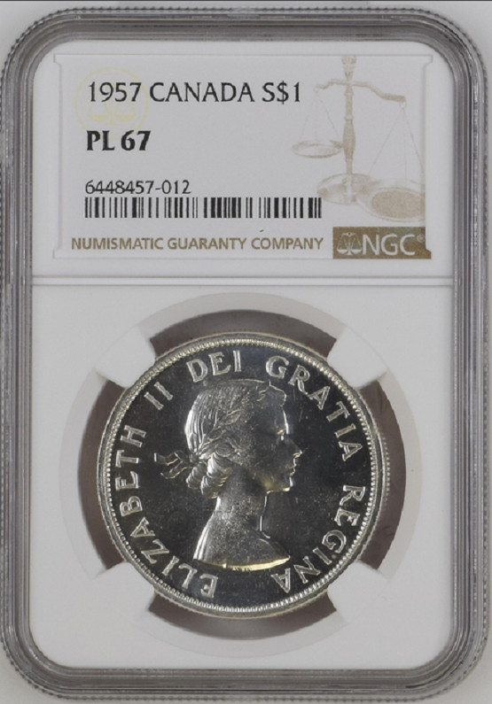 :1957 S1$ DOLLAR ELIZABETH CANADA NGC PL-67 (SEMI-CAM) RARE R6 33/3 HIGH-GRADES