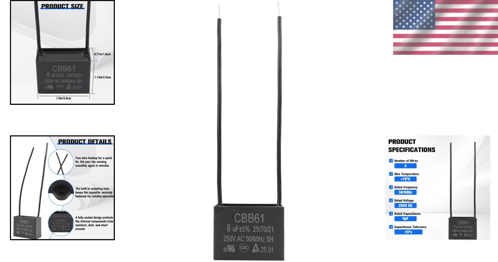 Durable 8uF 250VAC Ceiling Fan Capacitor - Rectangular Shape, High Performance