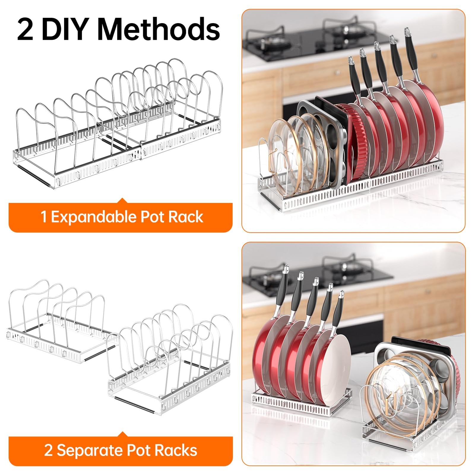 Cabinet Mount Pot Rack, 12 Adjustable Sections, Kitchen Storage, Silver