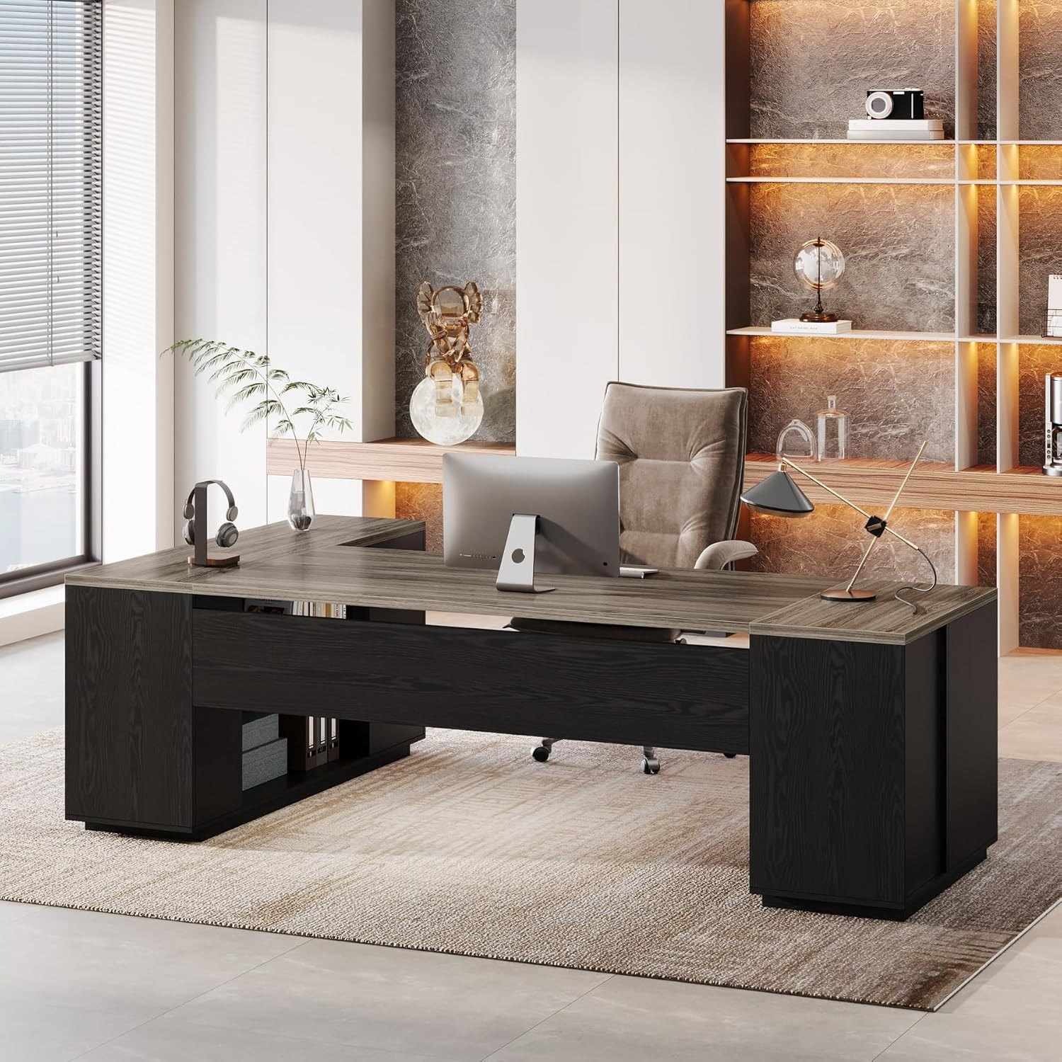 85.8'' Large Executive Desk Modern L-Shaped Office Computer Desk w/ File Drawer