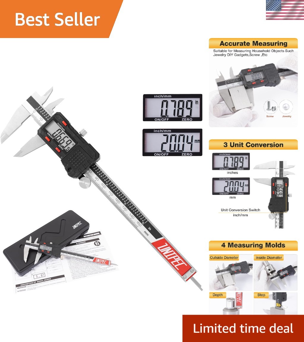 Digital Caliper Micrometer LCD Gauge Vernier Measuring Tool- Battery Powered, 6"