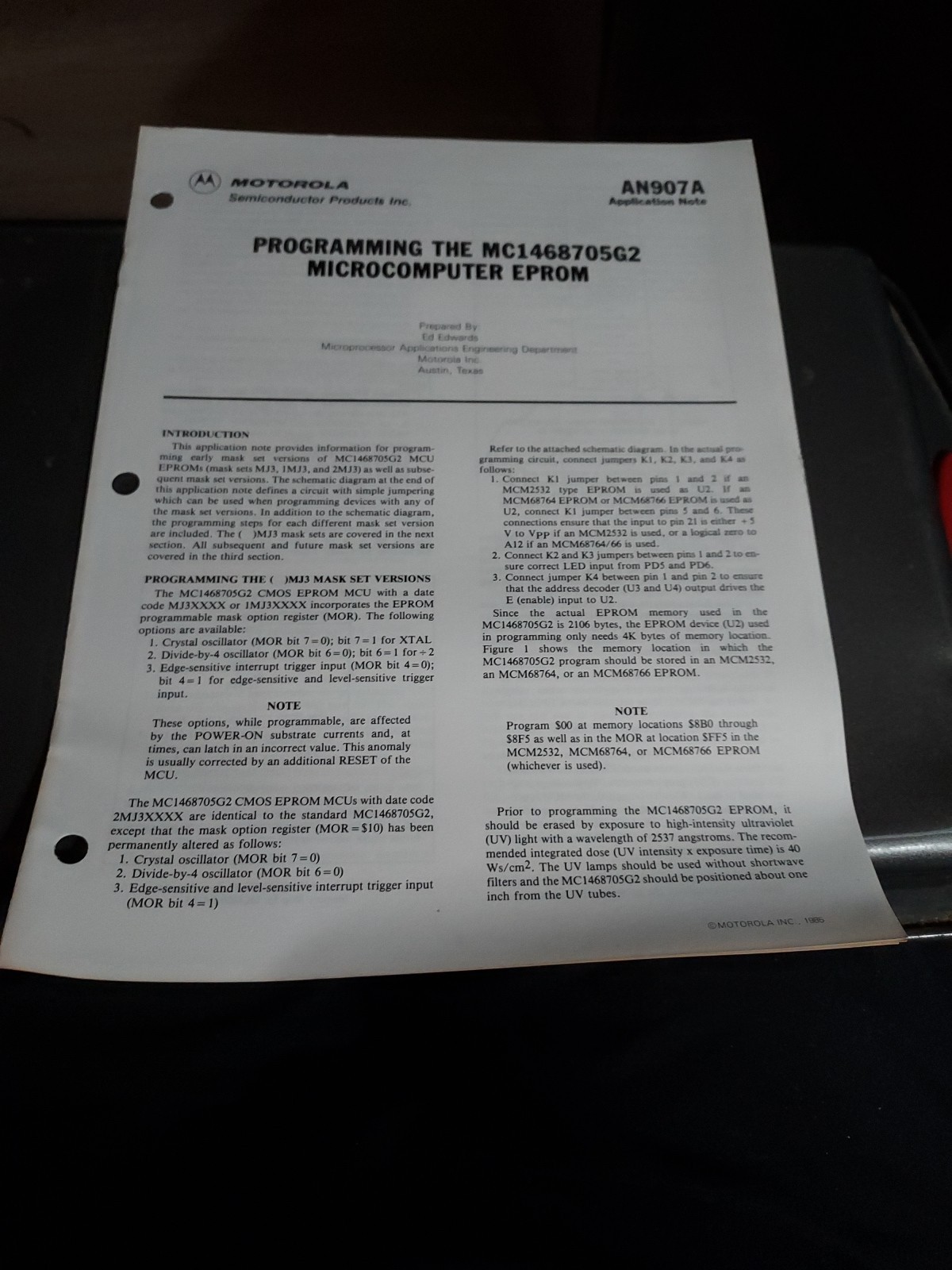 MOTOROLA AN907A PROGRAMMING THE MC1468705G2 MICROCOMPUTER EPROM
