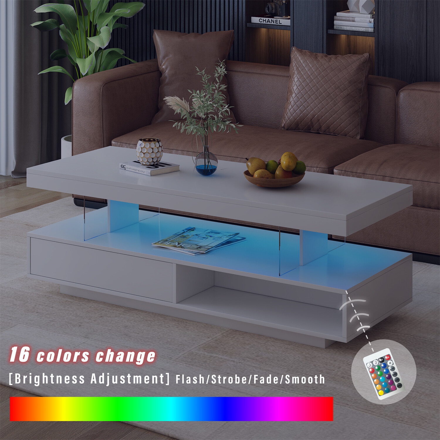 High Gloss LED Coffee Table Modern Side End Table w/ LED Lights & 2 Drawers US