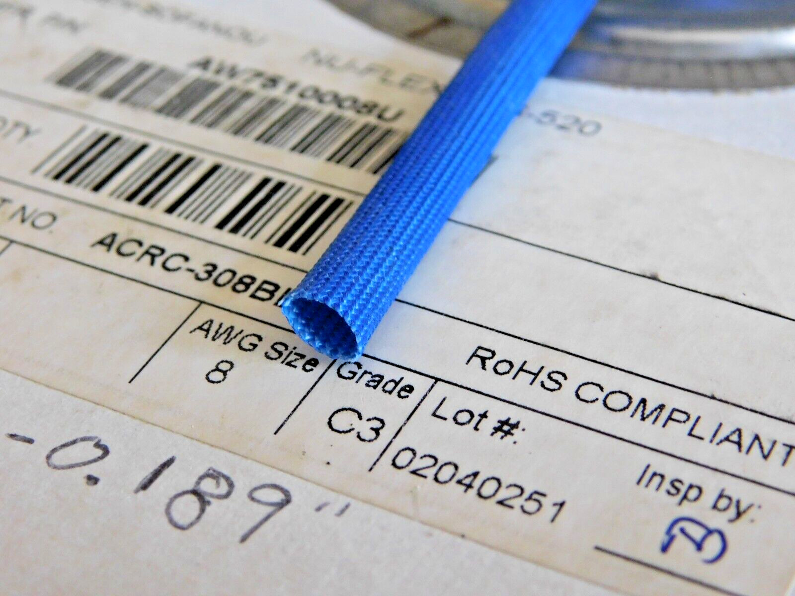 8 gauge-  FIBERGLASS SLEEVING - (25 FEET)- BLUE COLOR - 0.189" id.