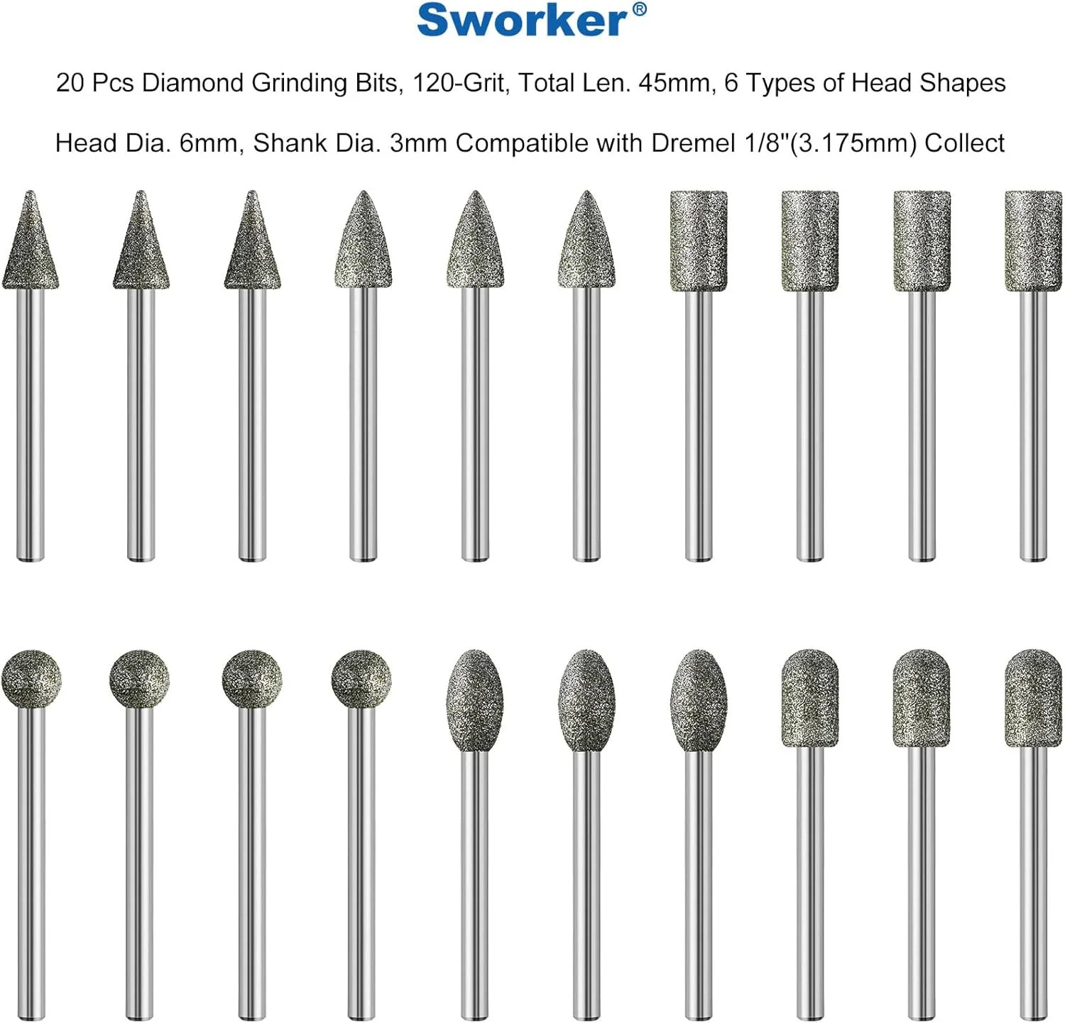 20Pcs 120-Grit Diamond Grinder Bit 1/8" Shank Compatible with Dremel Rotary Tool