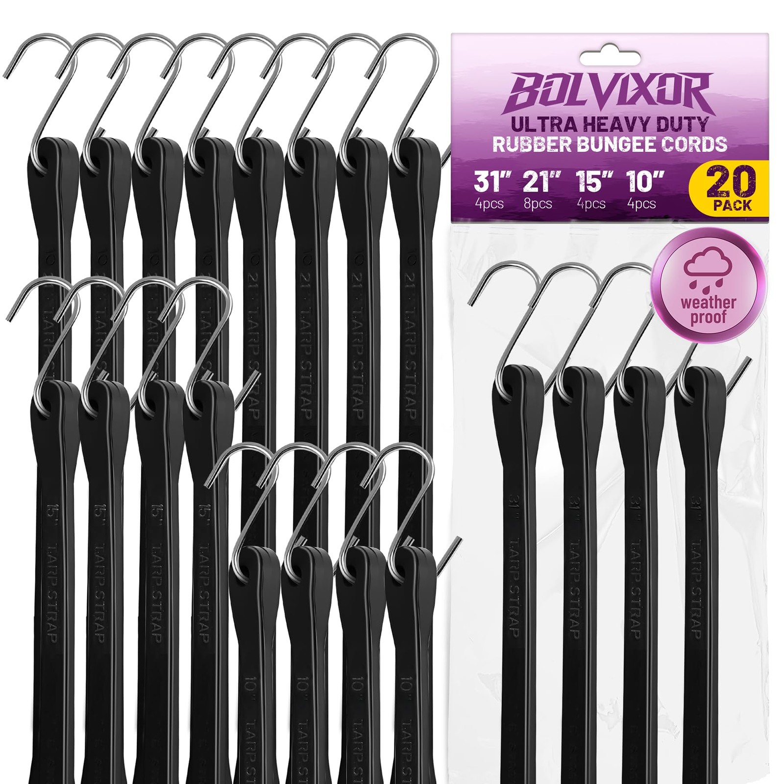 Bolvixor Bungee Cords with Hooks 10"4pcs, 15"4pcs, 21"8pcs, 31"4pcs, Black