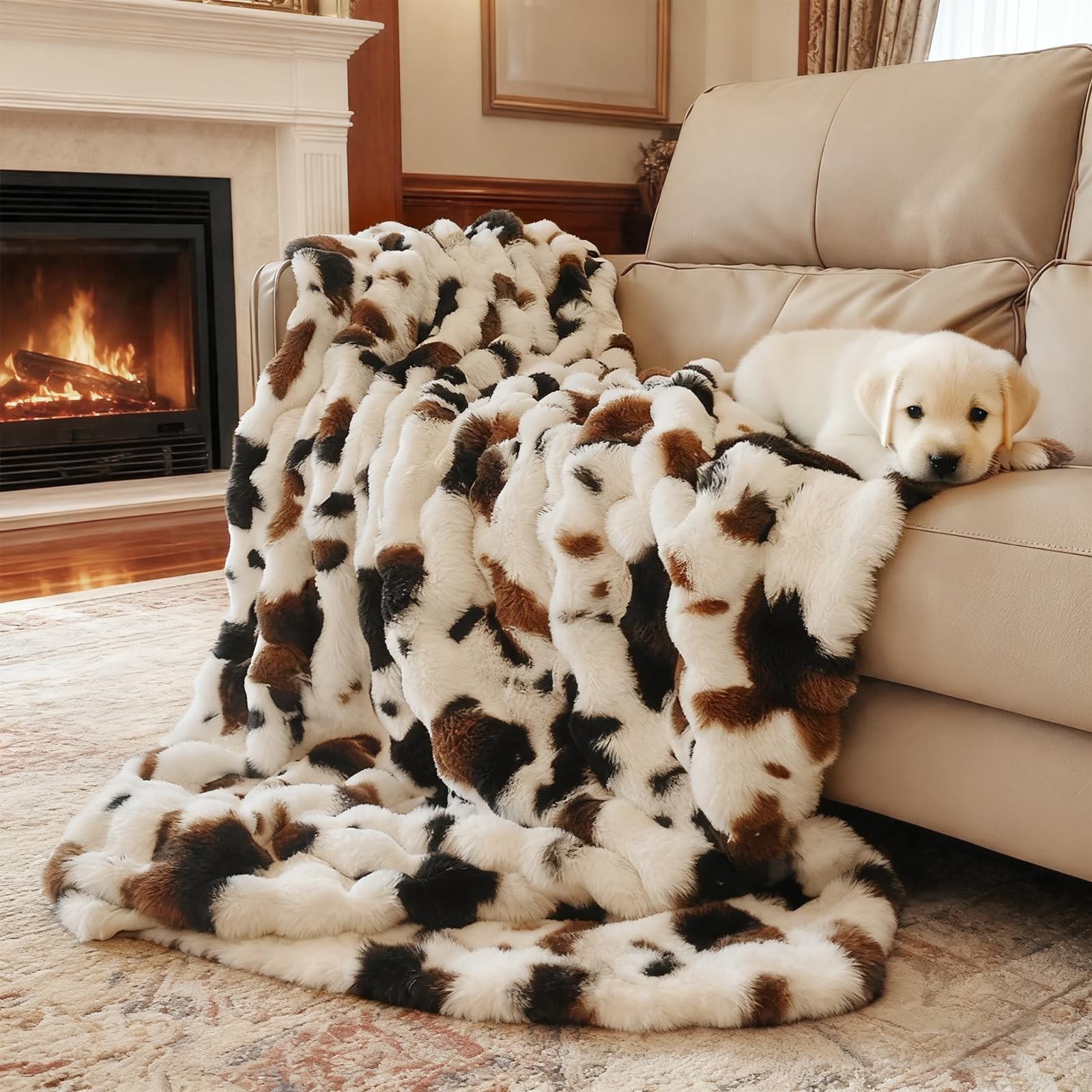 Cow Print Faux Fur Throw Blanket 1000GSM Soft Fluffy Warm Cozy 50x60 Inch