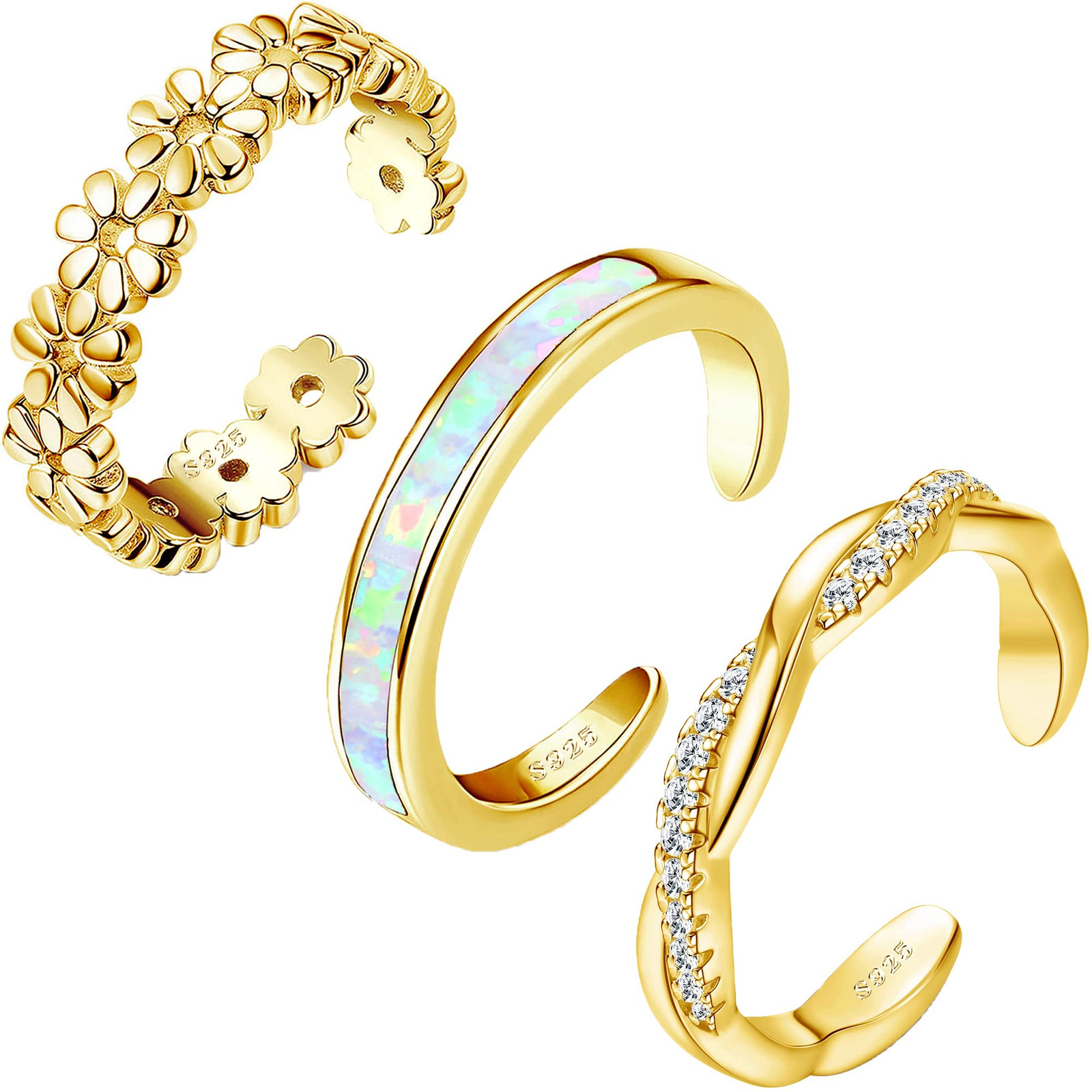 925 Sterling Silver Toe Rings for Women Adjustable 14K White Gold Plated Gold