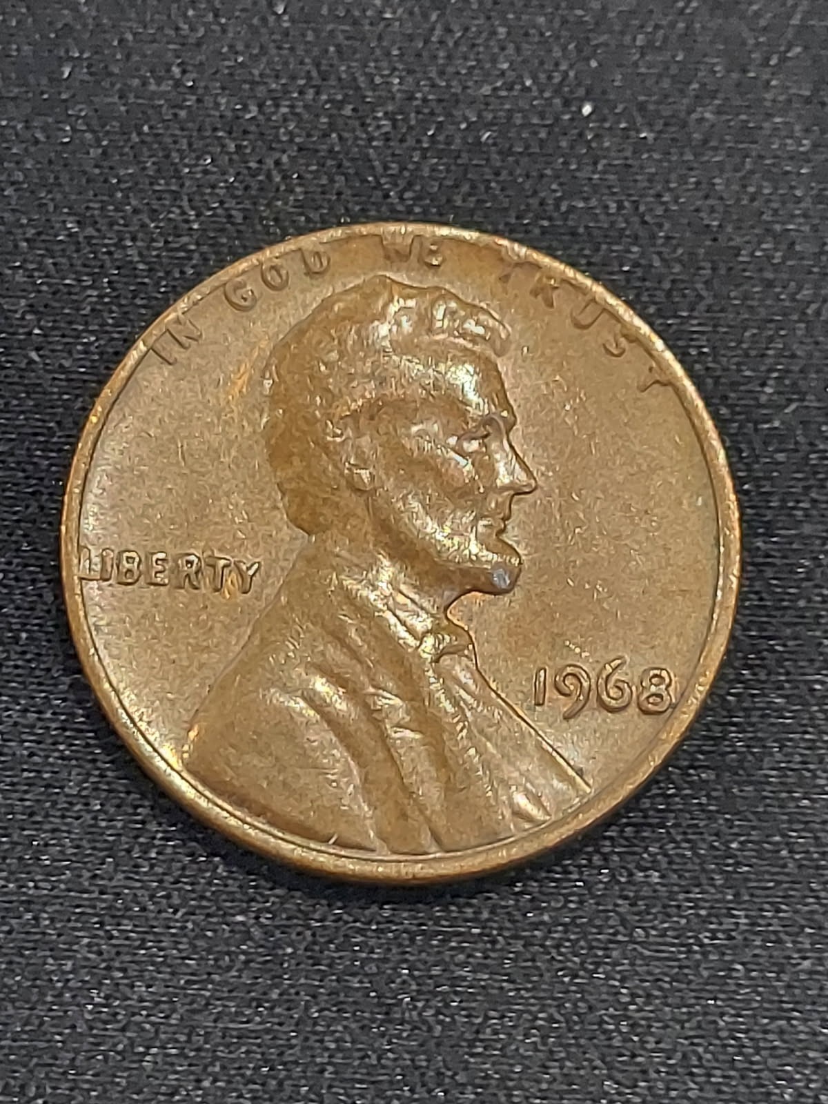 1968 Lincoln Penny with "L" In Liberty and "In God We Trust" on Rim