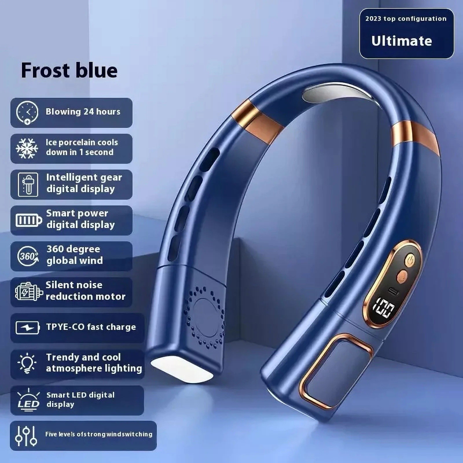MONOLOSA Portable Neck Fan Cooling Fan Rechargeable USB LED Display Blue