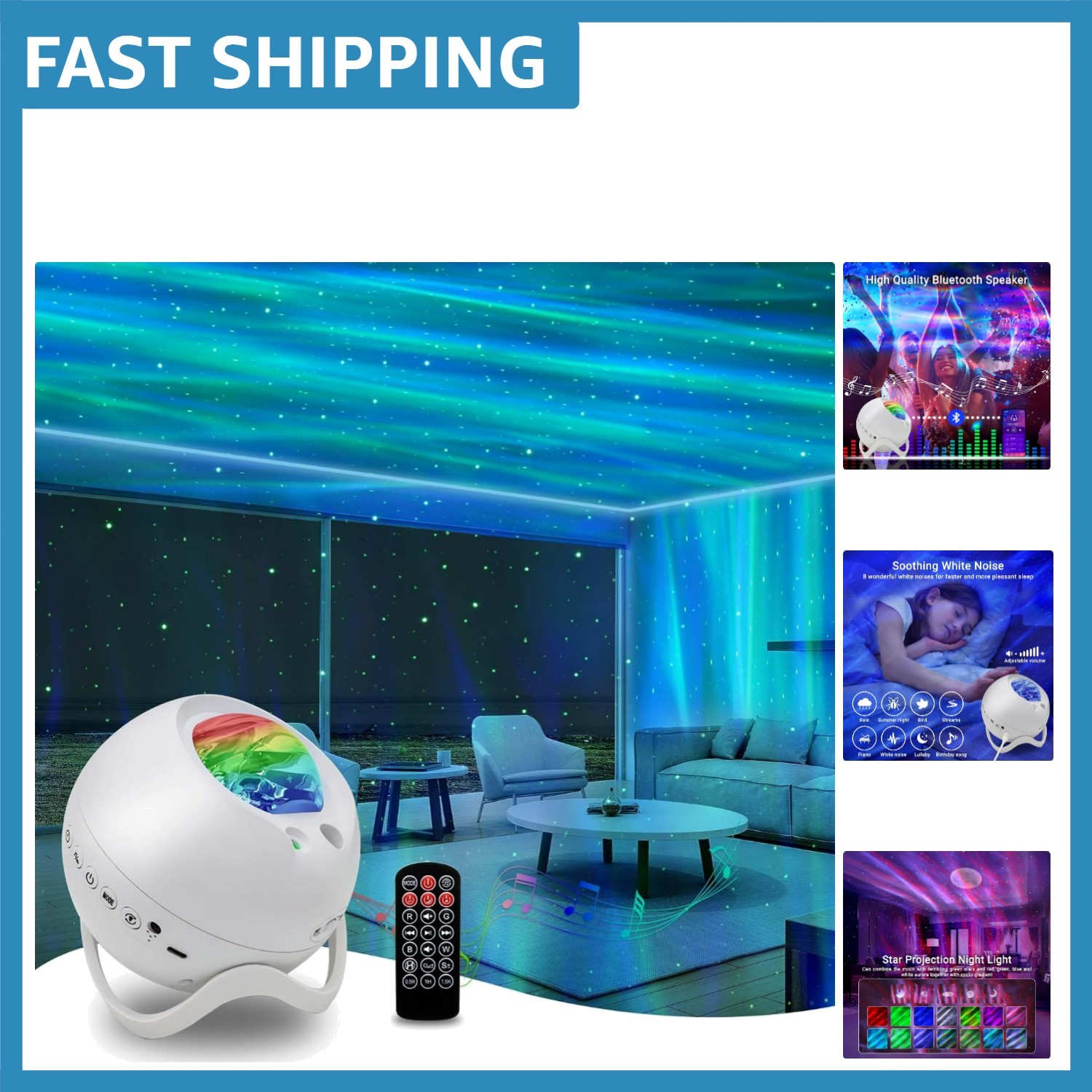 Multi-Mode Northern Lights Projector with 360° Projection & Bluetooth, 5.3in