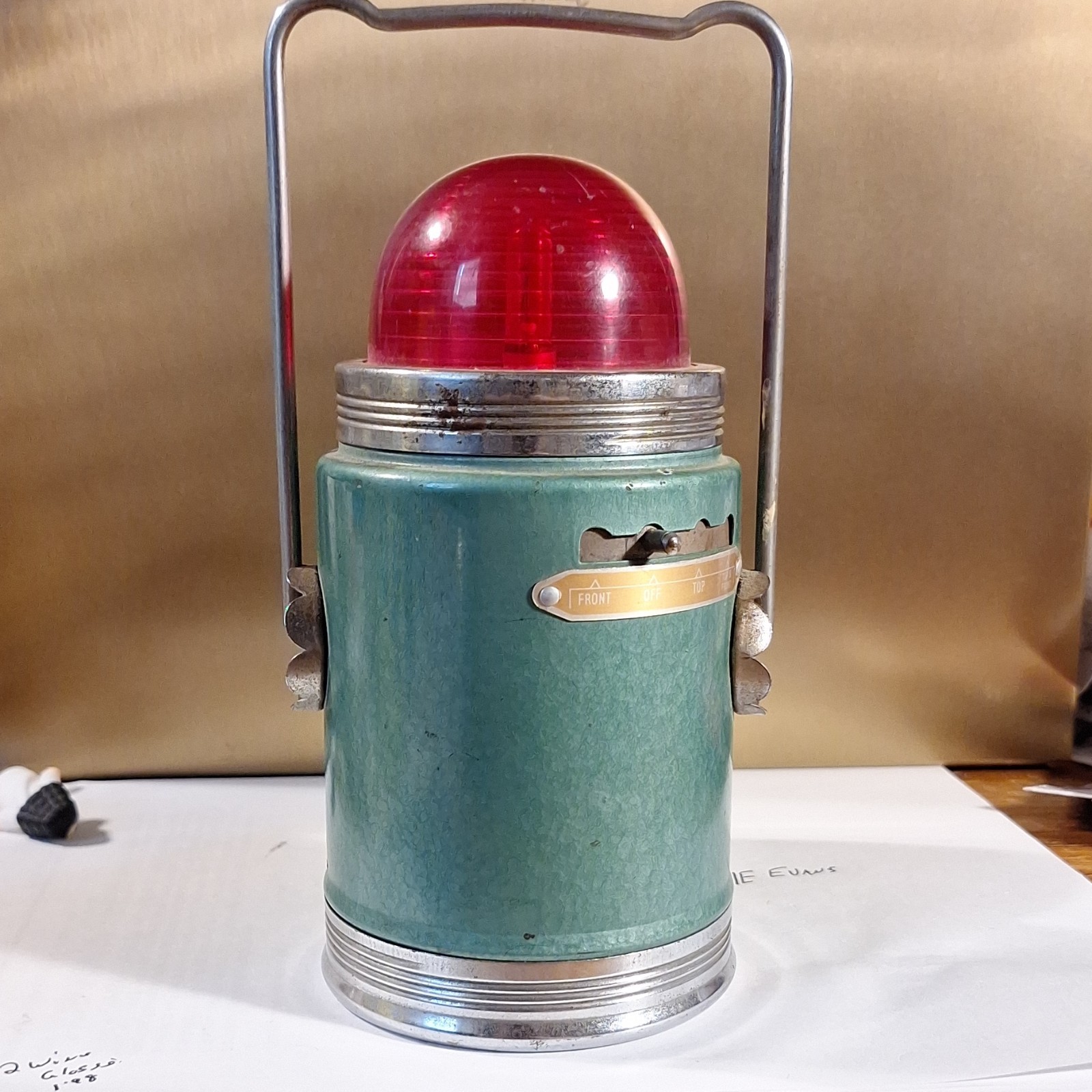 Green Metal Battery Lantern w/ Red Globe and Side Spotlight, Handheld