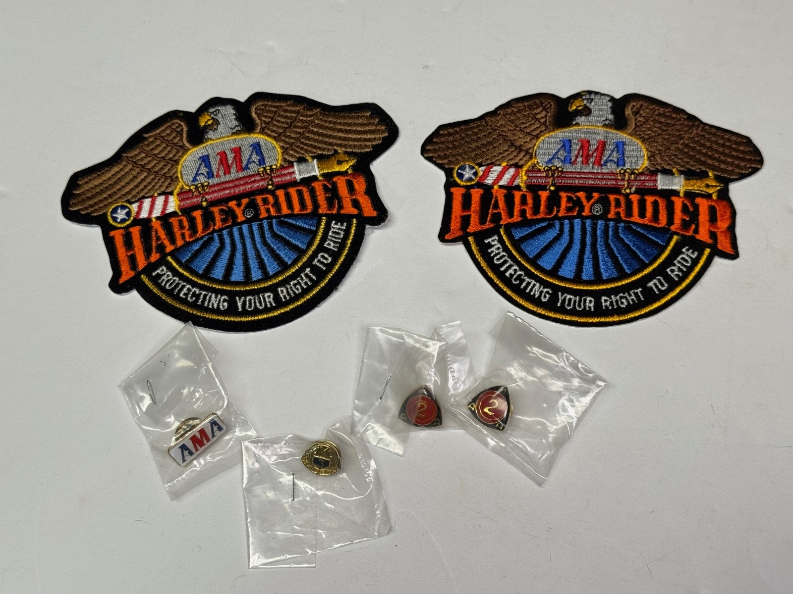 2 Vintage AMA Harley Rider Patches and 4 Pins