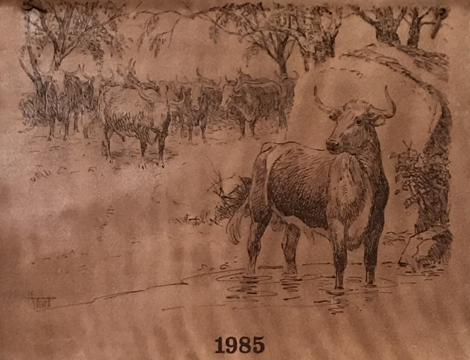 VTG 1985 SAM SAVITT Leather Calendar CATTLE Near STREAM 17" x 25.5" Western Art