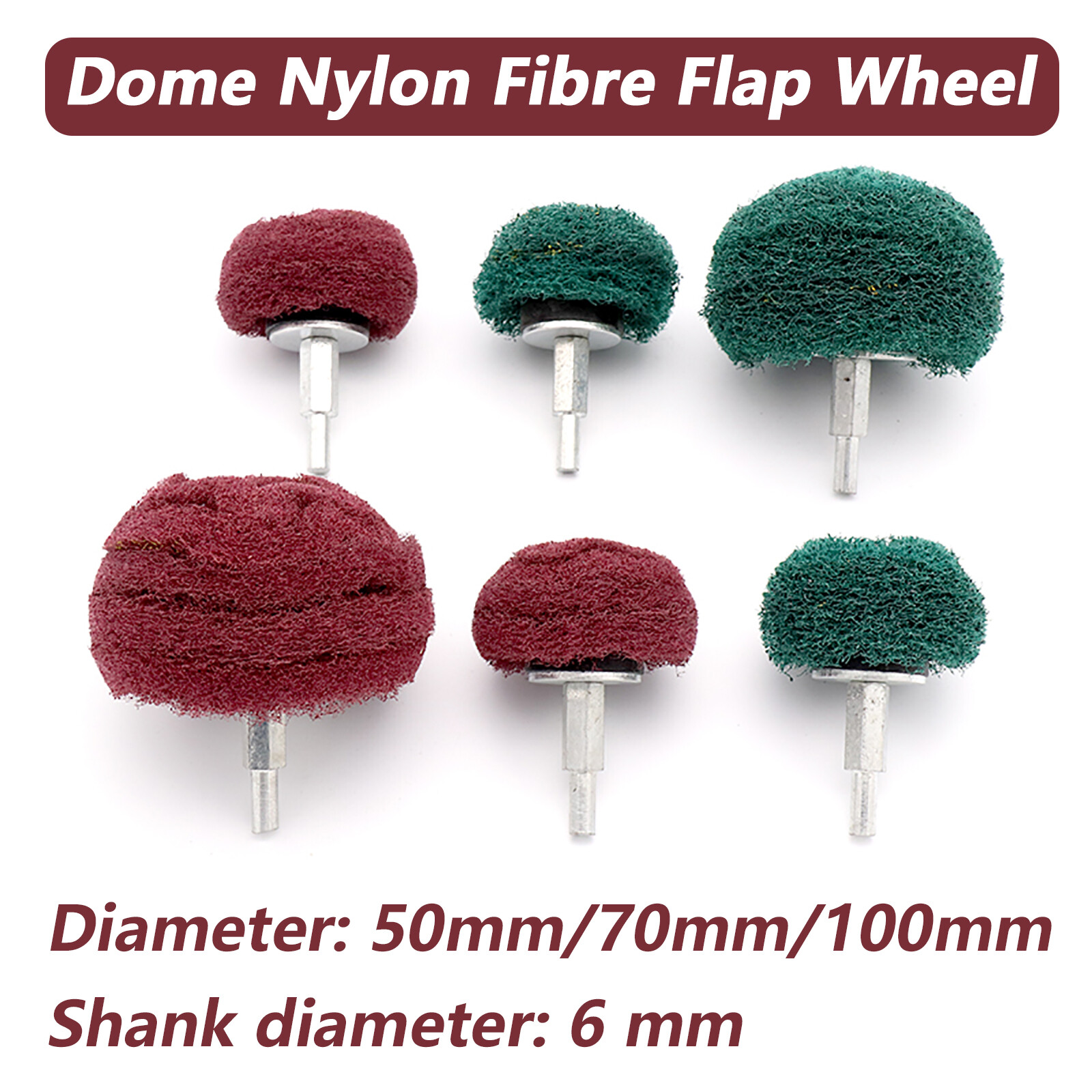50mm-100mm Dome Nylon Fibre Flap Wheel Sanding Mop Abrasive Mop Head 6mm Shank