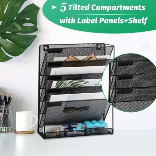 5 Tier Hanging File Mesh Organizer Vertical Holder Rack Black