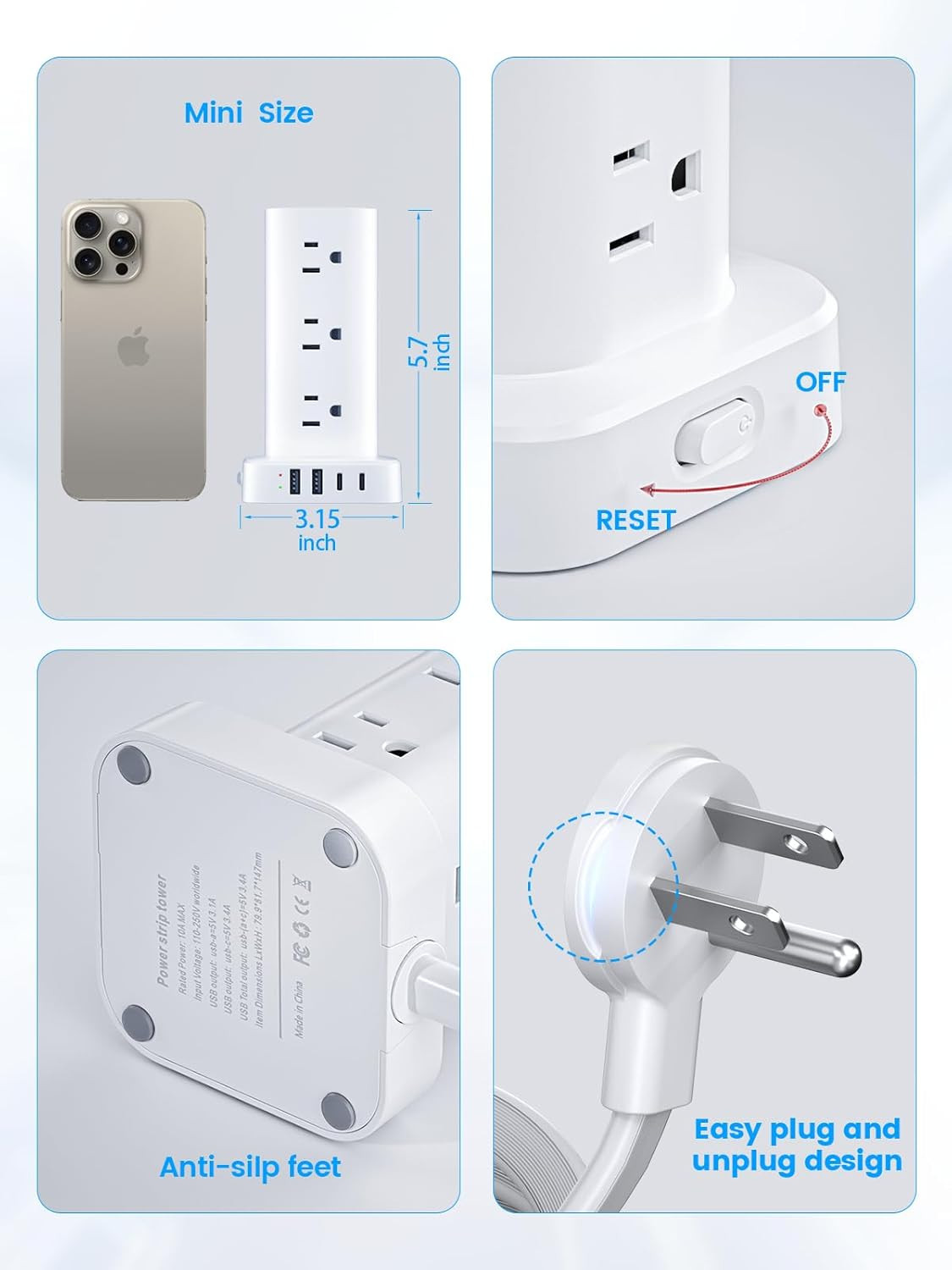 Tower Power Strips with Surge Protection, 6FT Flat Extension Cord with Multiple