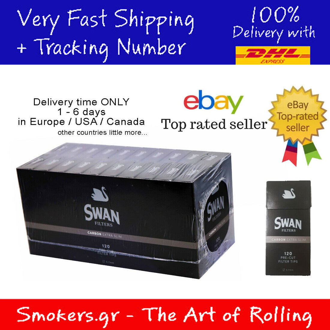 1x FULL BOX Swan Extra Slim Filters Carbon Activated Filter Tips 5.7mm
