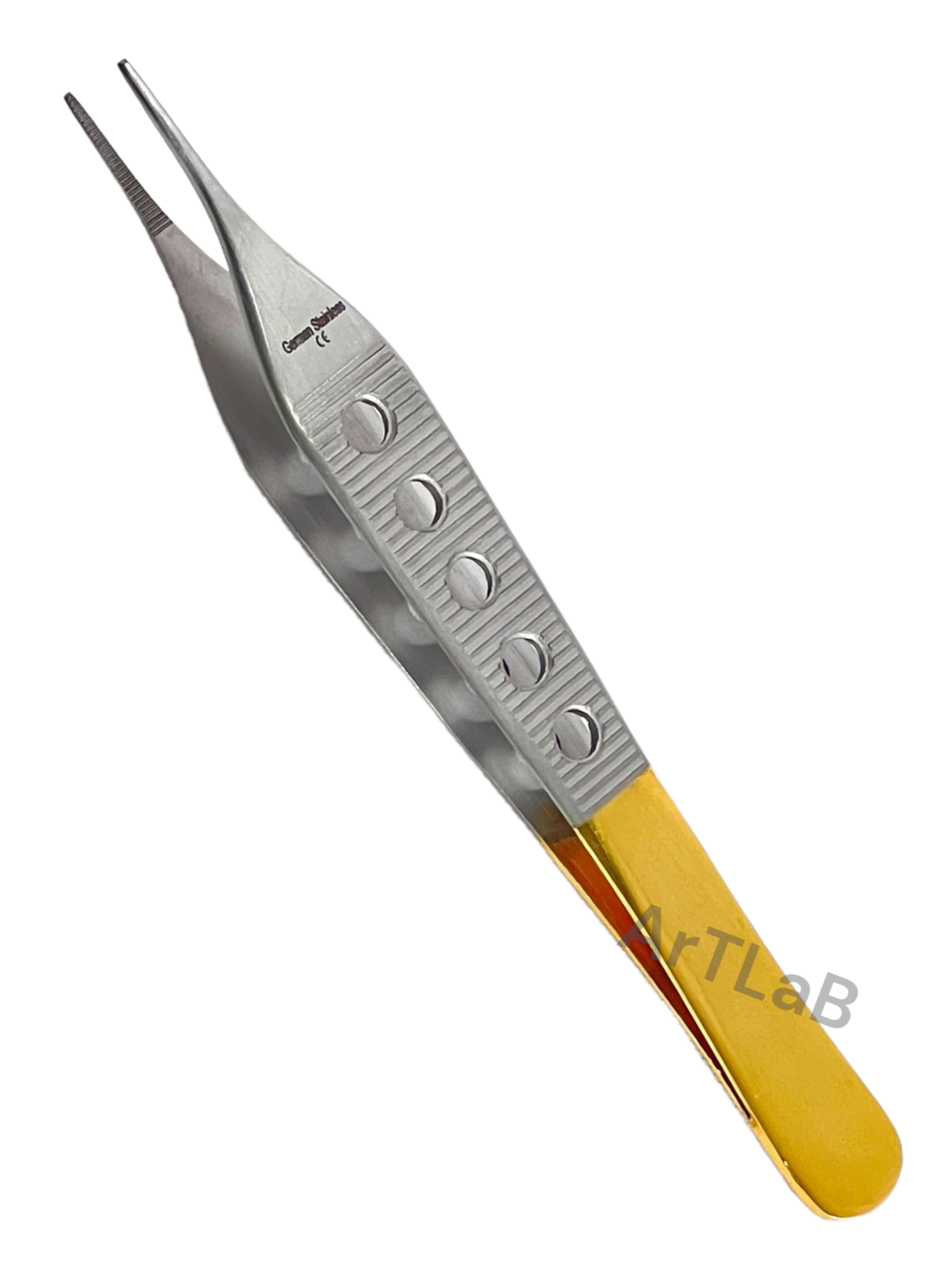 Fine Serrated Tip Adson Dressing Forceps 4.75" w/ Gold Perforated Handle, STR