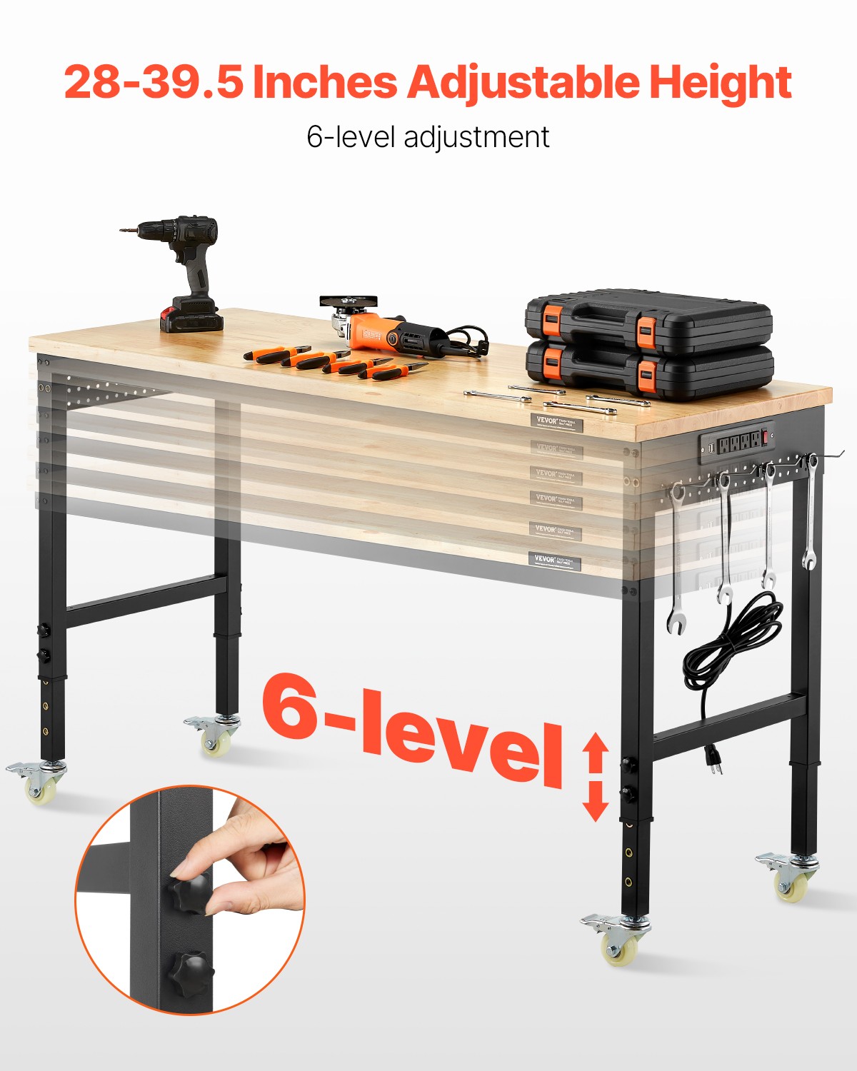 VEVOR 60"Workbench on Wheels Adjustable Height Table with Power Outlet &Pegboard