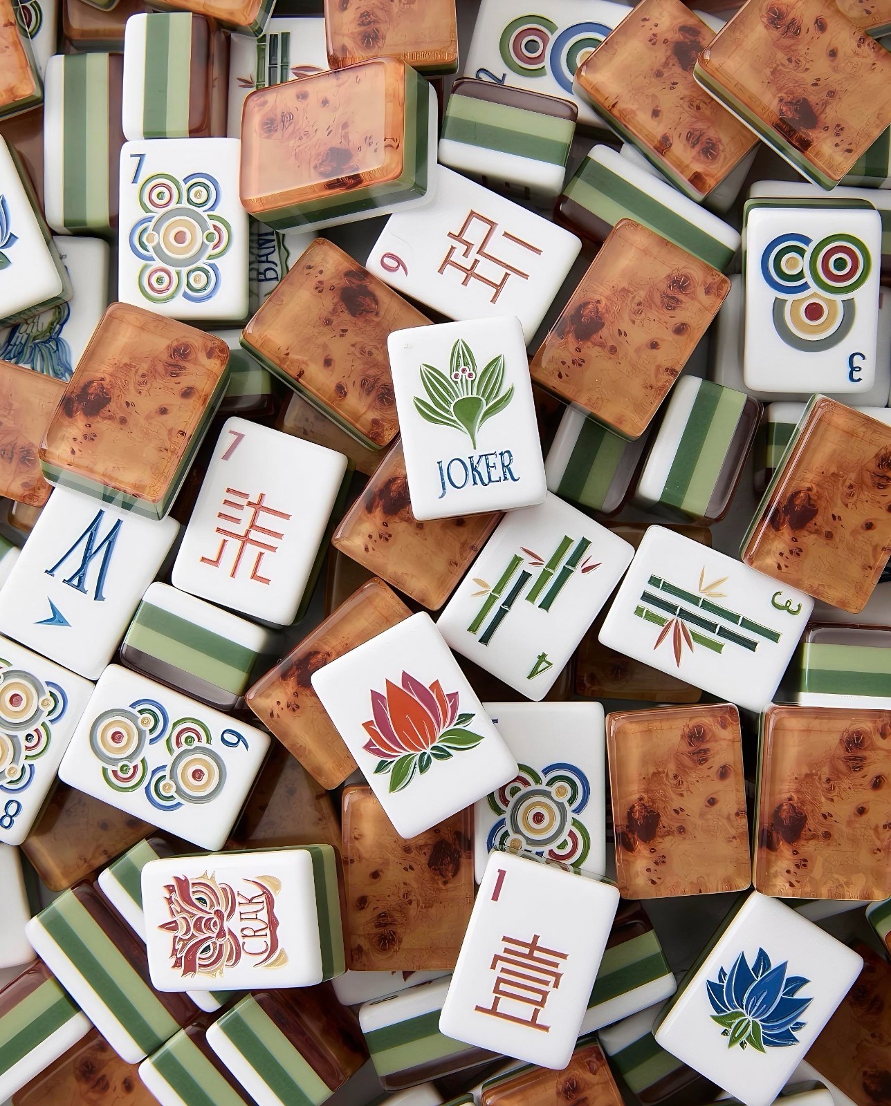 Engraved American Mahjong Tiles  set ,160 wood grain/ green layered  del 7/29
